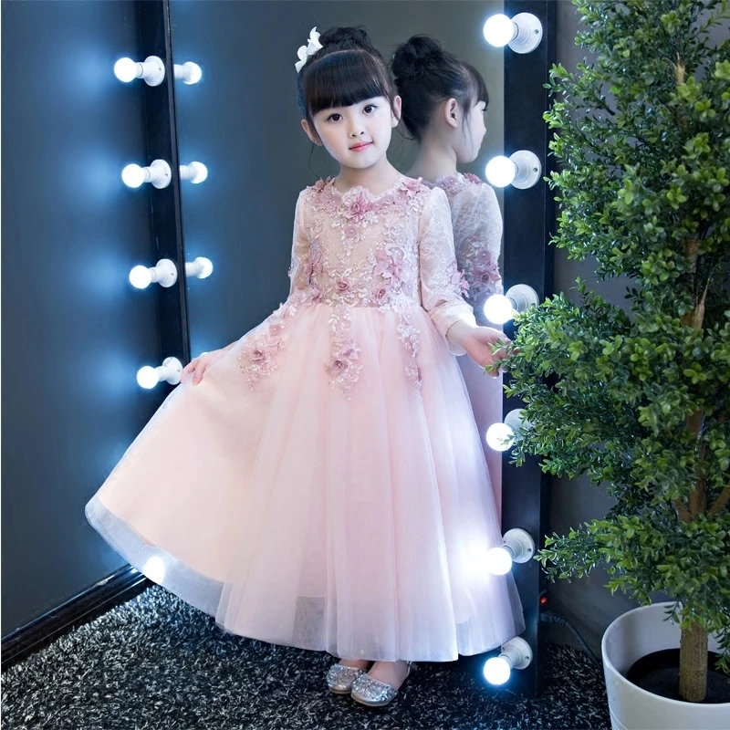 2017 Long Sleeve Flower Girls Dresses For Wedding Pink Lace Girl Formal Birthday Party Dress Princess Gown Kids Autumn Vestido | Детская