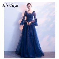 its yiiya evening dress 2019 royal blue embroid beeding slim long women party dress flare sleeve robe de soiree plus size e501