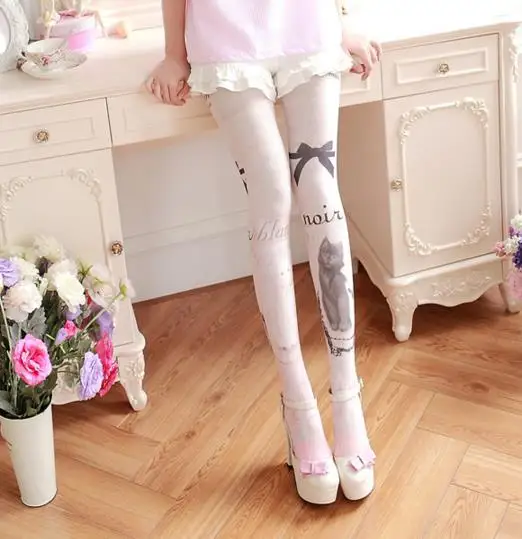 

Ink Paint Cat Kawaii Womens Lolita Velet Tights Cute Harajuku Pantyhose Vintage Spring Thin Color Cream Pink