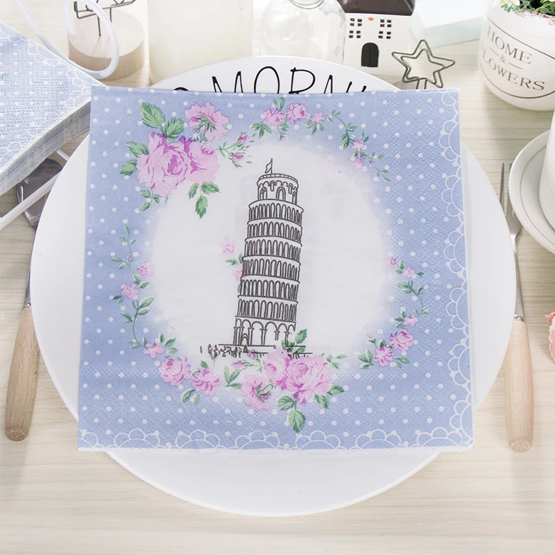 Пизанская башня синие цветы салфетки кафе и вечерние украшение в технике