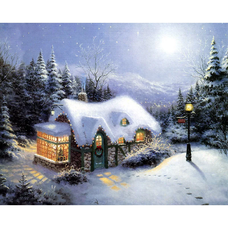 

Bright Snow House Landscape DIY Digital Painting By Number Modern Wall Art Canvas Painting Christmas Gift Home Decor 40x50cm