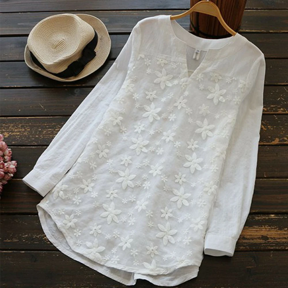 

Блузка женская однотонная хлопковая с V-образным вырезом, элегантная Свободная рубашка с длинным рукавом, Лоскутная Туника с цветочным принтом, размера плюс