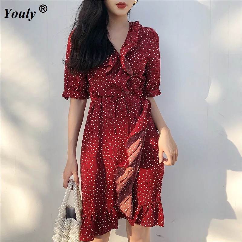 Красный Dot Ruffled Обёрточная бумага солнце платье Для женщин короткий рукав