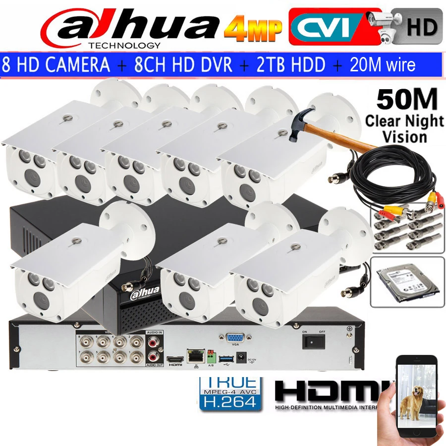 

Dahua 4MP Security IR camera DH-HAC-HFW1400DP CVI CCTV bullet camera 8CH DH-HCVR7108H-4M waterproof camera kit HDD with 20m wire