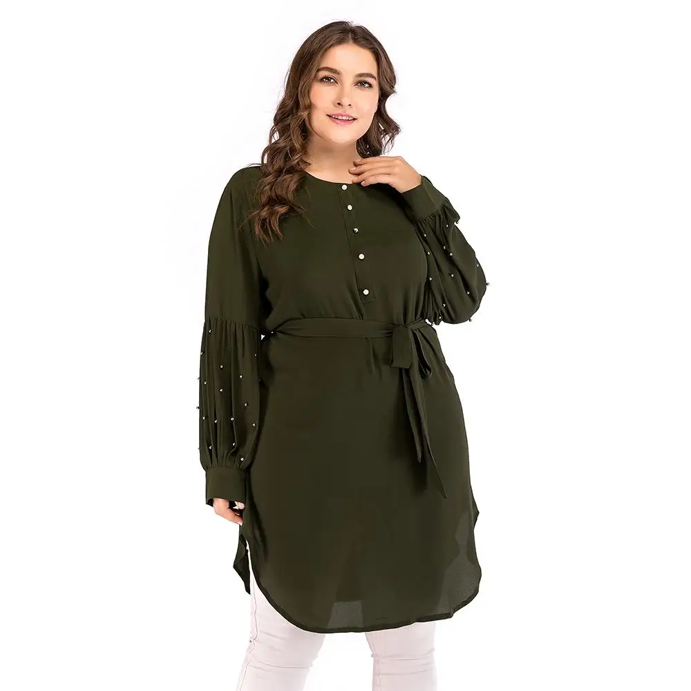 Женские рубашки платье длинный рукав ремень Жемчуг Кнопка o образным вырезом