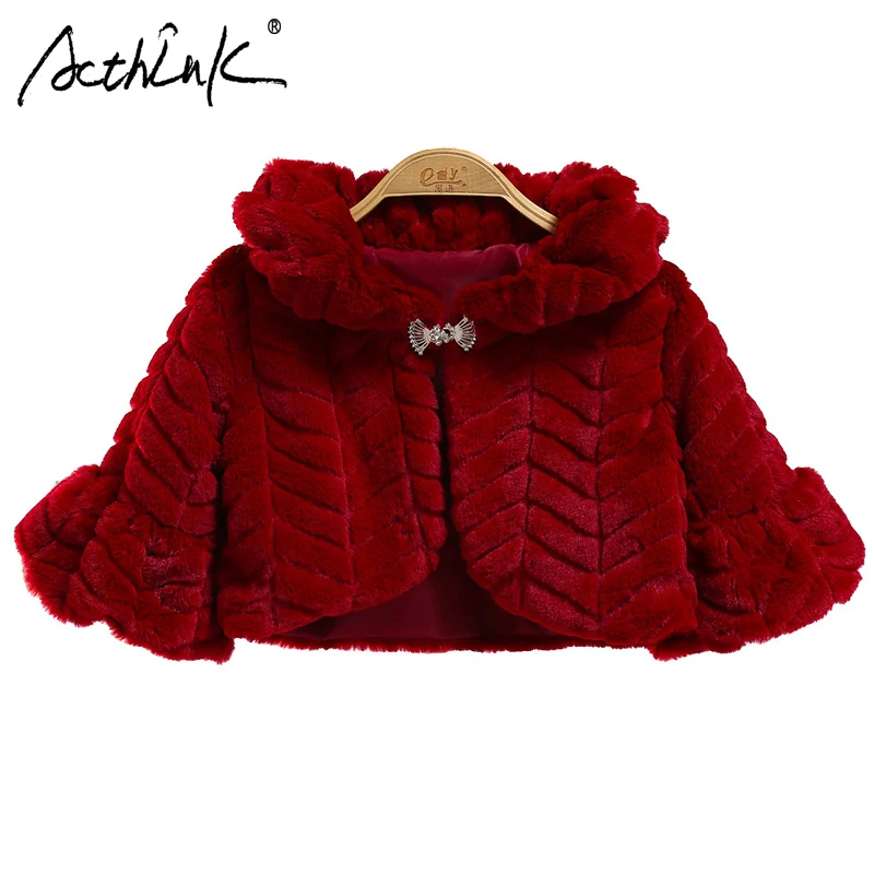 ActhInK New Baby Girls Winter Coat Formal Wedding Boleros Brand Fur Collar Thermal Short Dress Cloak Cape | Детская одежда и обувь
