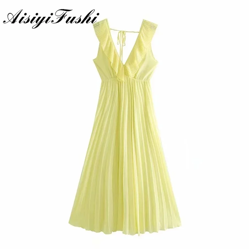AISIYIFUSHI желтое платье миди с оборками V-образным вырезом без рукавов вечернее