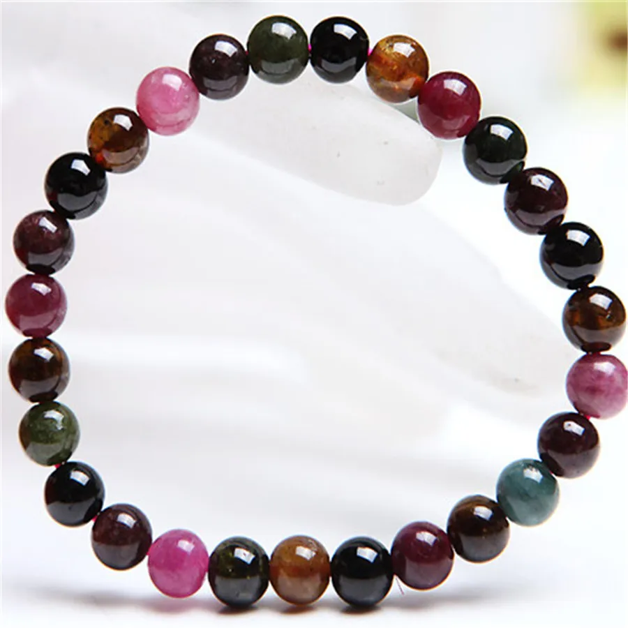 

6.5mm Genuine Natural Colorful Tourmaline Gem Stone Bracelets For Women Femme Charm Stretch Round Crystal Beads Bracelet