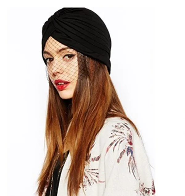 

2019 New Fashion India Hat Black Women Ladies Turban Hat With Mesh Veil Detail Cap
