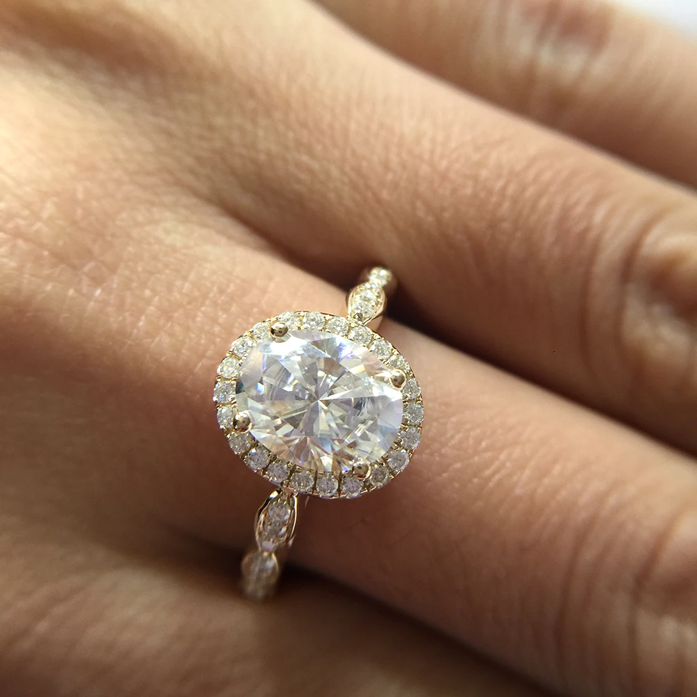 14K желтое золото Halo Moissanite кольцо 7x9 мм 2.0ct карат овальной огранки Brilliant обручальное
