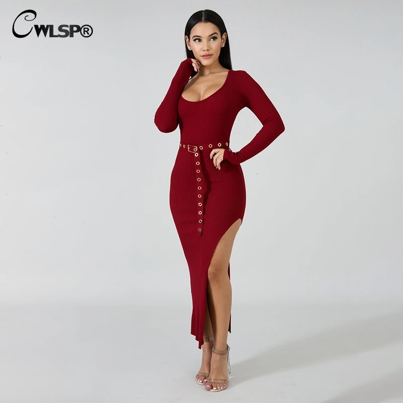 CWLSP 2018 осеннее однотонное Ребристое эластичное женское платье с поясом длинным