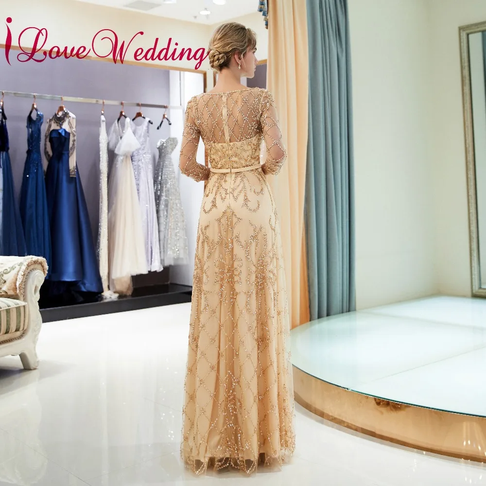 Вечерние трапециевидные платья цвета шампанского ilovebridal с длинными рукавами 3/4