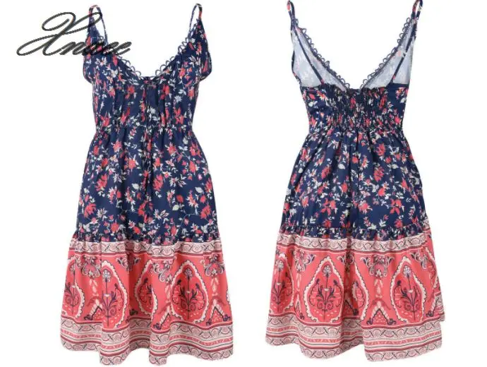 

Women Boho Floral Sexy Dress V-neck Beach Mini Summer Sundress Strap Dresses Sleeveless Print Holiday Dress