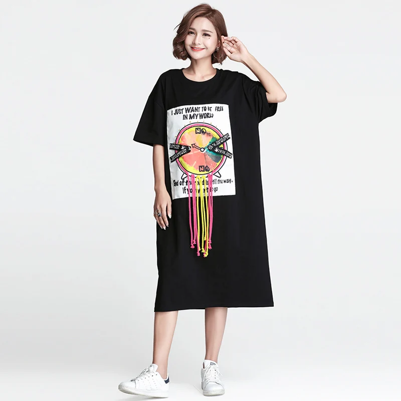 European Style Simple Leisure Large Size Women's Clothing Features A Relaxed and Comfortable Printed Logo Was Thin T-shirt Dress | Женская