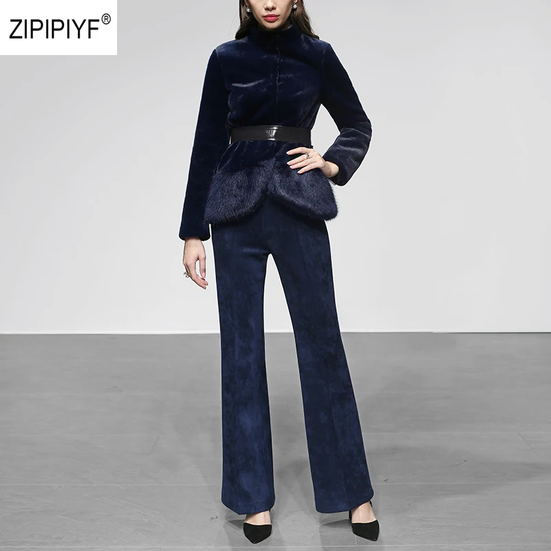Меховые костюмы стенд куртка с воротником пальто + замшевые широкие брюки для