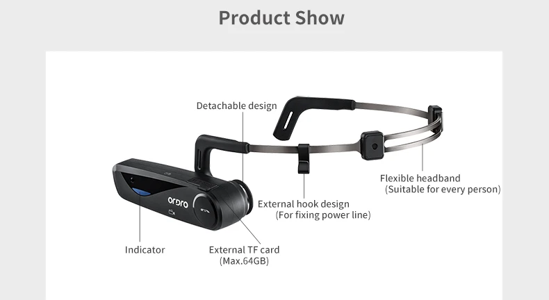ORDRO EP5 Bluetooth 4,0 Громкая связь головная повязка с креплением на голову экшн мини HDDV камера 1080P потребительские видеокамеры с наушниками WiFi