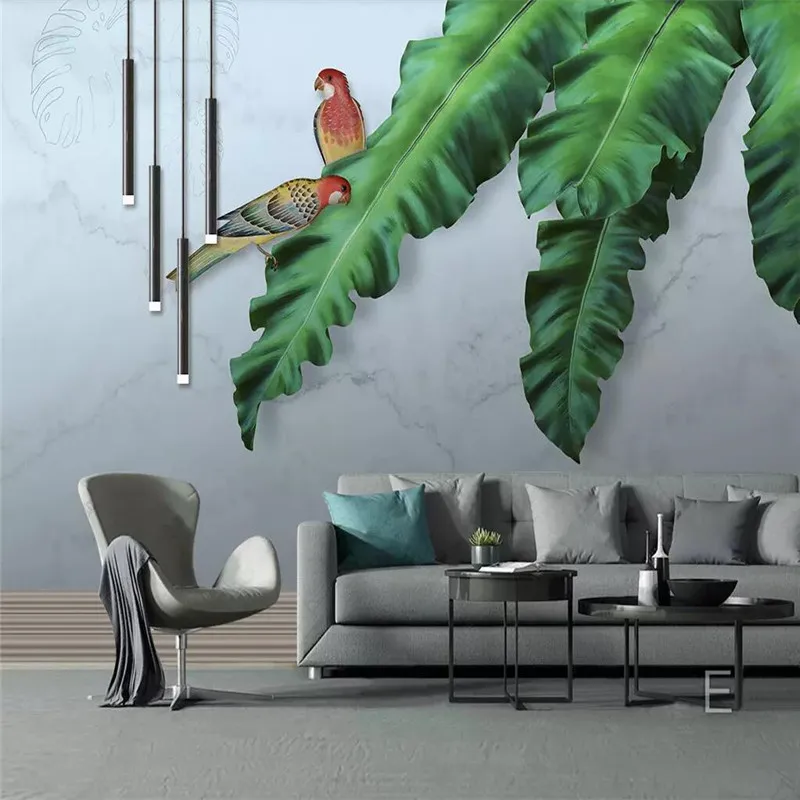 

HD hand-painted tropical plants leaves background wall professional production murals wholesale wallpaper poster photo wall