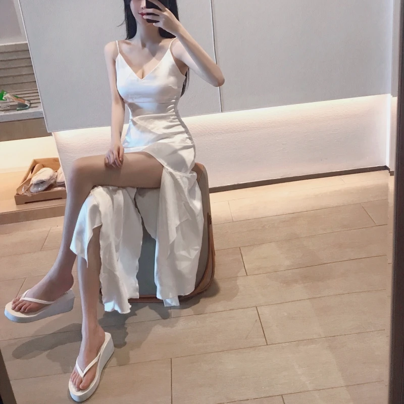 Women's Clothing Dresses summer new solid white dress long dresses sexy vintage Irregular spaghetti strap v-neck | Женская одежда