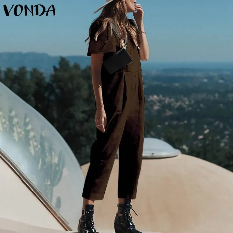 VONDA, летний женский комбинезон,, сексуальный, короткий рукав, на пуговицах, прямой, Повседневный, женский, OL, комбинезон размера плюс