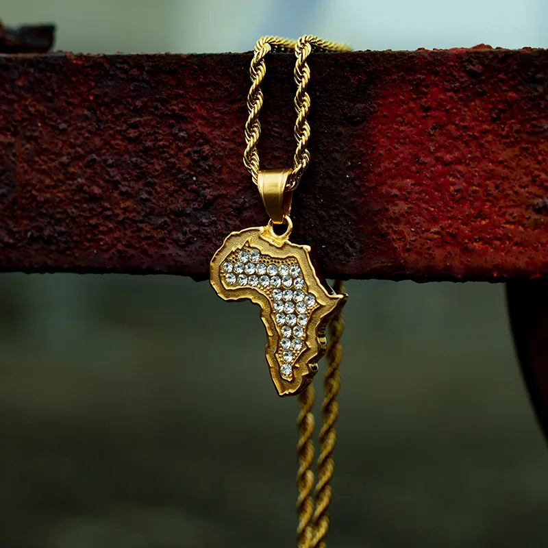 Stainless Steel Crystal Africa Map Pendant Necklace Charm Golden 3MM Rope Chain Religious Jewelry Metal Men Gifts | Украшения и