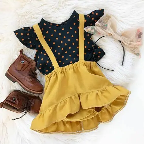 Новая летняя одежда для маленьких девочек рубашка в горошек Топ + платье с