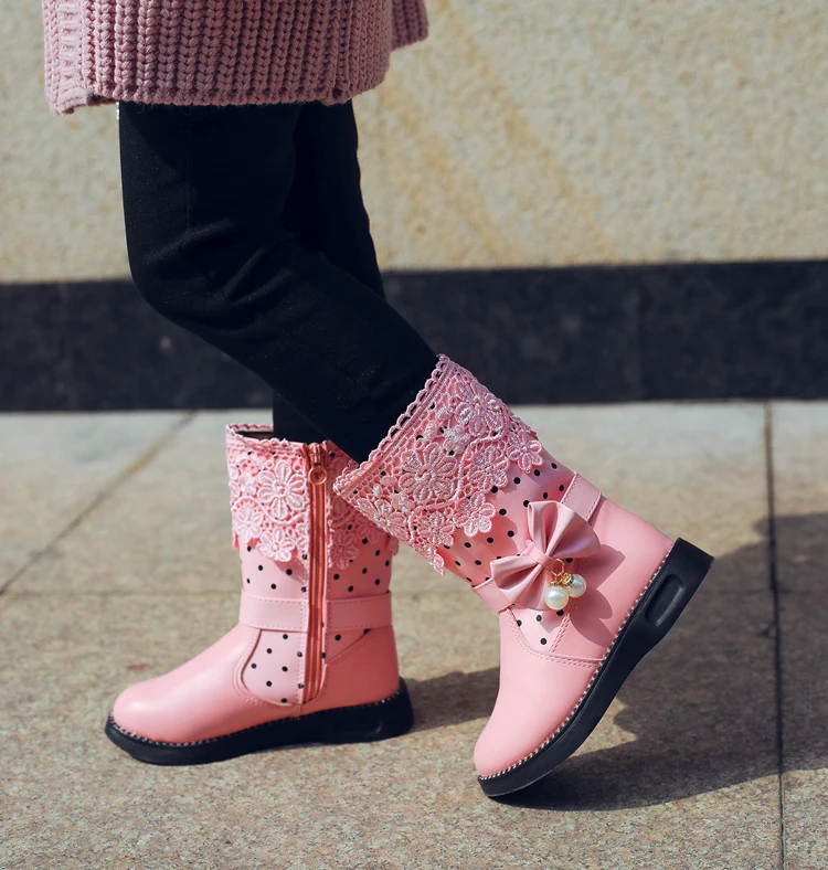 Женские кожаные ботинки с красным бантом модные Утепленные принцессы для