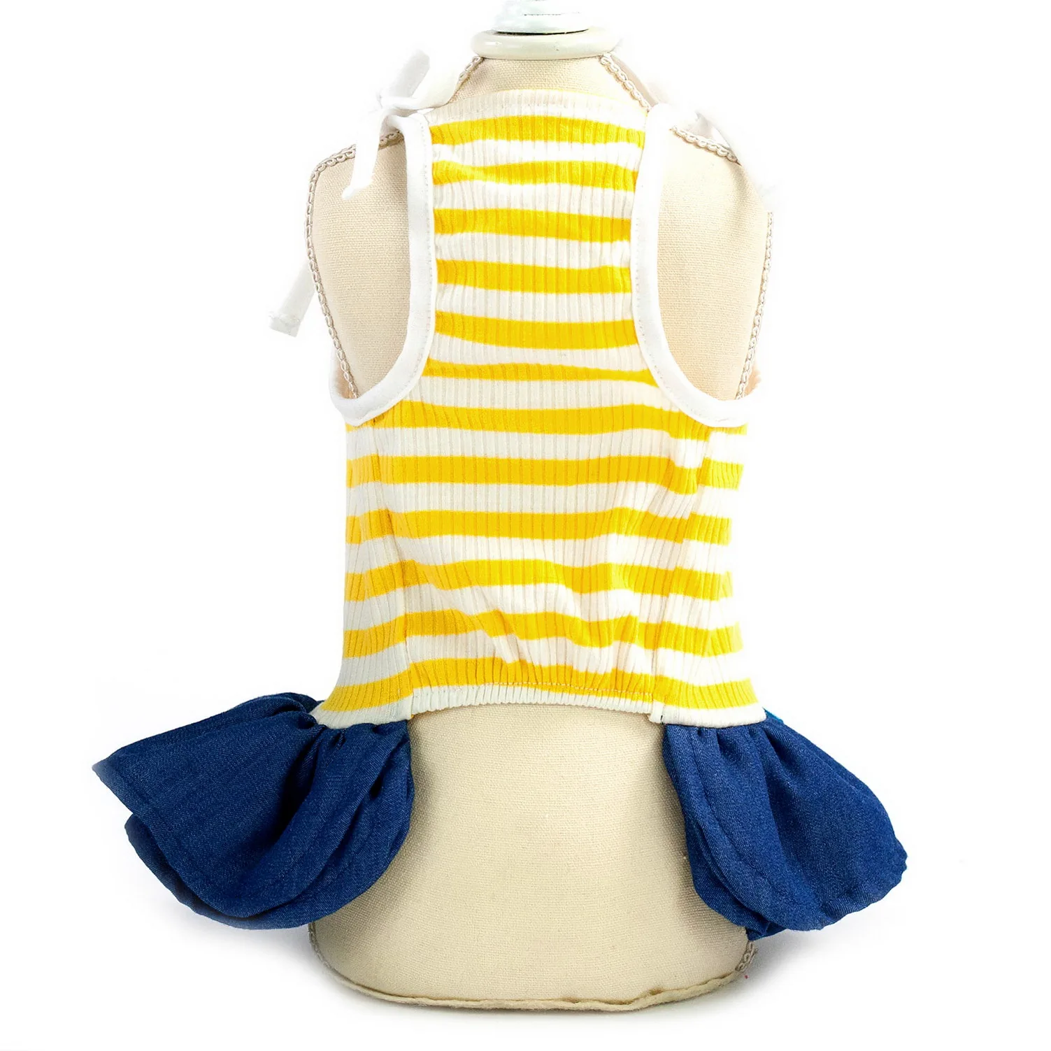 Джинсовое платье с нашивкой в виде медведя и маленькой собачки полосатая