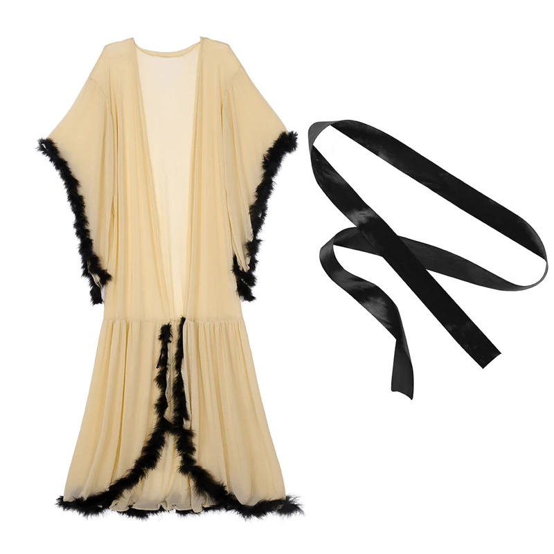 Sexy Ladies Lingerie Transparent Sleepwear Women Nightwear Babydoll Flare Sleeves Feather Wrap Robe See Through Long Bathrobe |