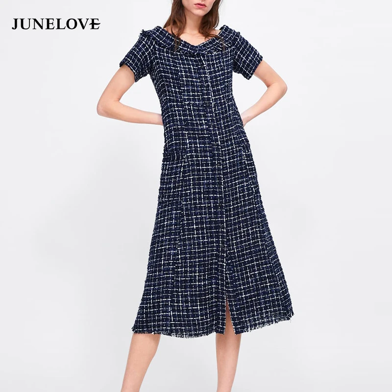 Женское твидовое платье с коротким рукавом JuneLove винтажное клетчатое длинное