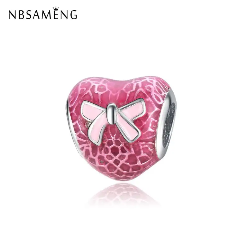 

New Silver Plated Charm Lovely Heart With Bow Enamel Beads Chams Charms Fit Original Bracelets & Bangle Women Diy Jewelry