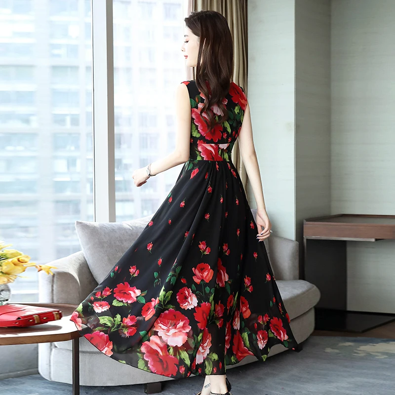 

2019 Fashion New Women Summer Waist Floral Sleeveless A-line Summer V-neck Print Dress Female Temperamental Dress