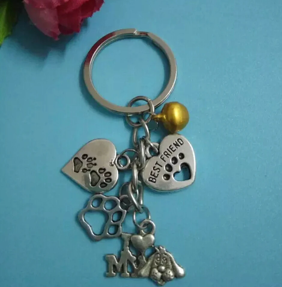 

Hot Keychain Fashion Jewelry 30PCS Vintage Heart I Love Dogs&Dog Paw Prints&Bone Charm DIY Fit Key Ring Accessories D428