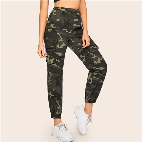Multicolor SweatyRocks лоскут карман сторона камуфляж фонарь брюки уличная Женская зауженные брюки пружинная цепь деталь повседневные брюки - Цвет: Multicolor