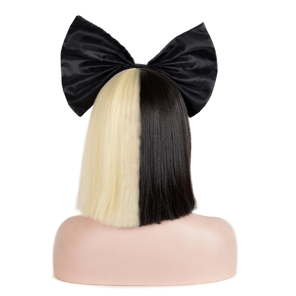 35cm SIA Anime Synthetic Hair Half Black and Blonde Ombre Short Straight Flat Bangs Heat Resistant Cosplay Full Wigs For Women