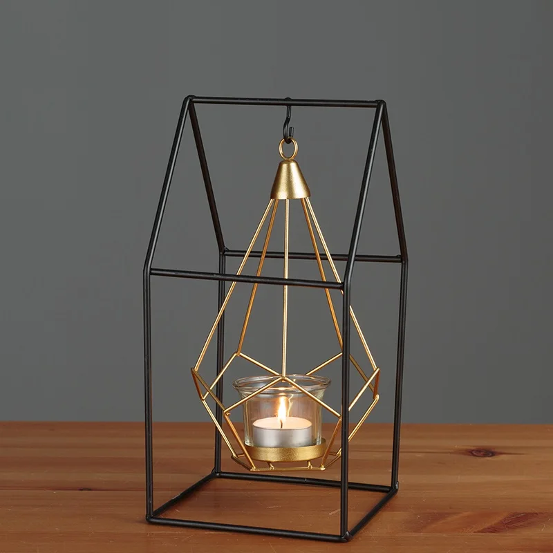 

Nordic Style Gold Geometric Wrought Iron Hanging Candlestick Wedding Decoration Home Craft Candle Holders Table Ornament Props