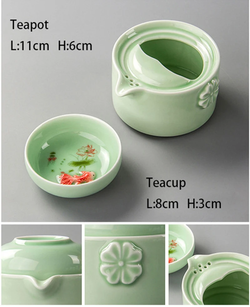 Высококачественный чайный сервиз Celadon 3D Carp gaiwan, зеленый элегантный чайный набор кунг-фу, включает 1 чайный горшок 1 чайную чашку, красивый легкий чайник