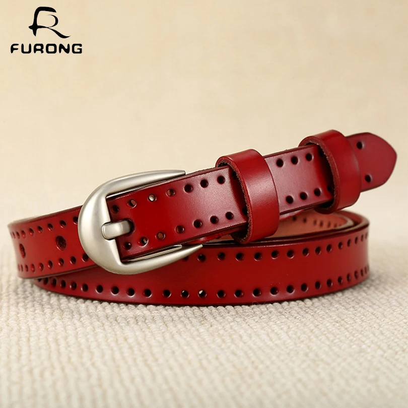FURONG Vintage Women Leather Belt Hollow Out Design Real Cow Leather Waist Belt Pin Buckle Brand New Designer Belts for Jeans