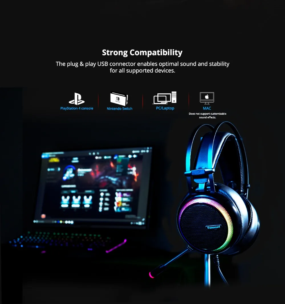 Игровая гарнитура Tronsmart Glary 7,1 Virtual Surround Soud, USB интерфейс, игровые наушники для xbox, nintendo switch, компьютера, ноутбука