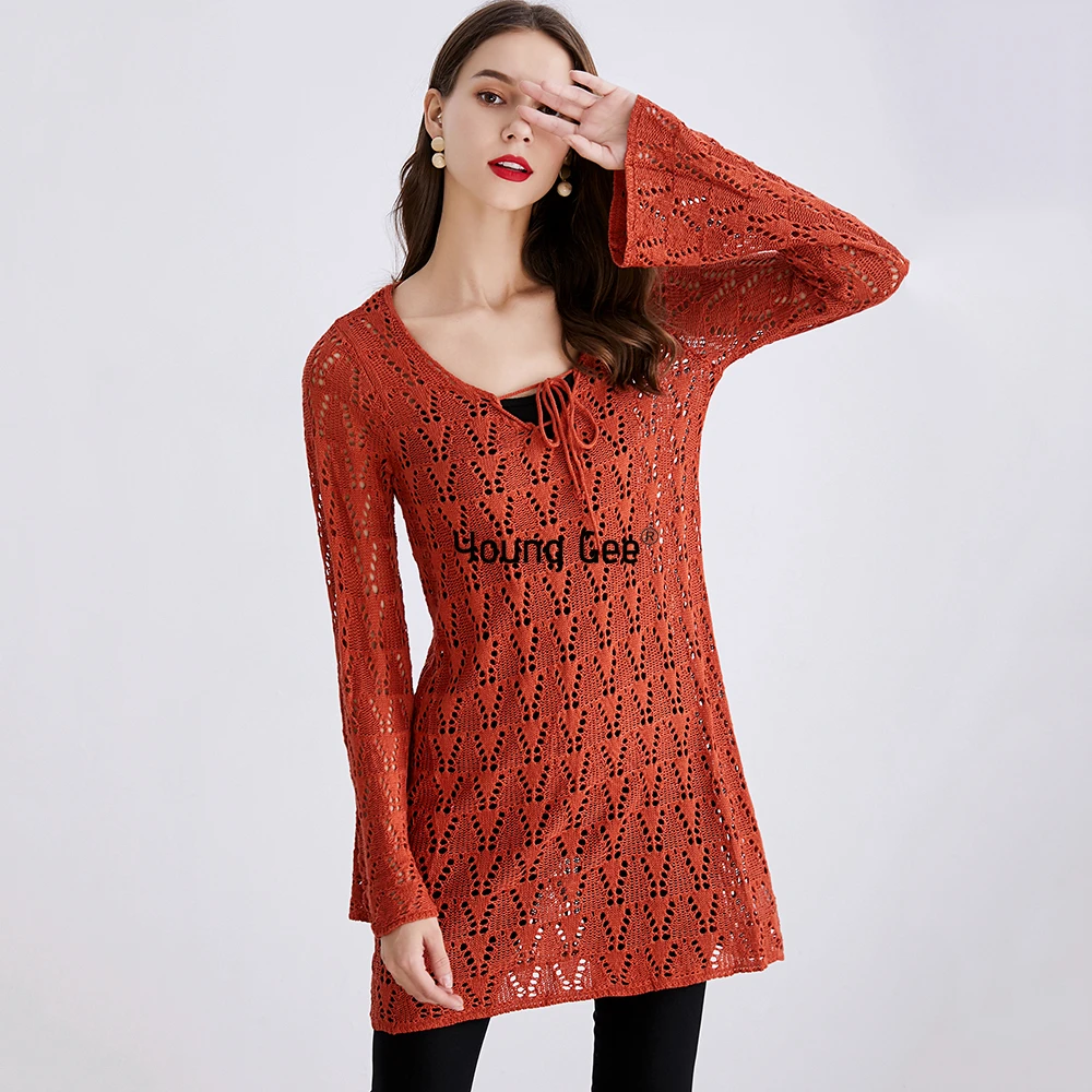 Young Gee Sweaters Women Casual Knitted Long Flare Sleeve Tops Crochet Floral Female High Street Chic Lace Up Pullover Jumper | Женская