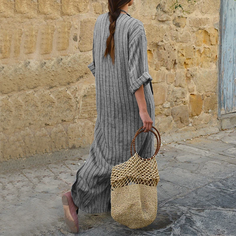 ZANZEA модное летнее осеннее винтажное женское длинное платье в полоску повседневное с v-образным вырезом и длинным рукавом Свободное длинное платье макси Vestidos размера плюс