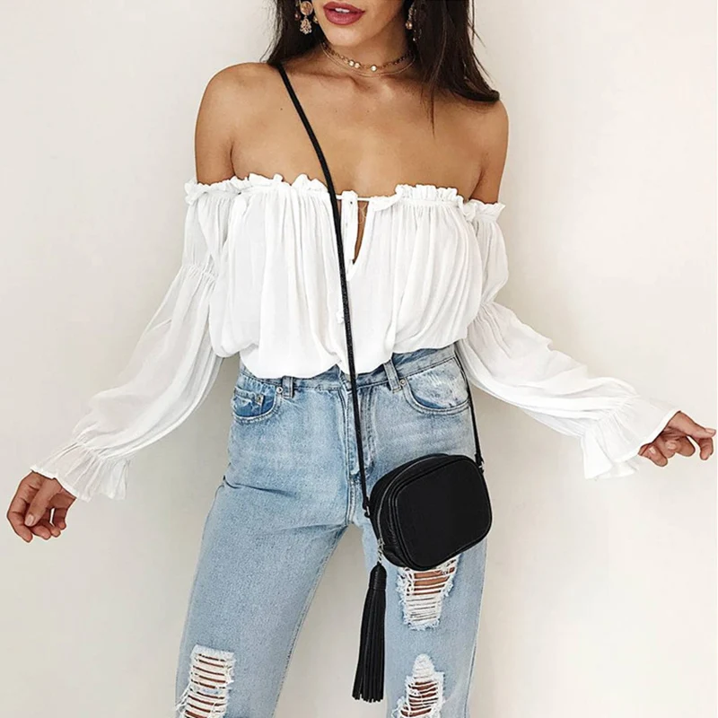 Сексуальная Блузка с вырезом лодочкой и открытыми плечами белая блузка топы для