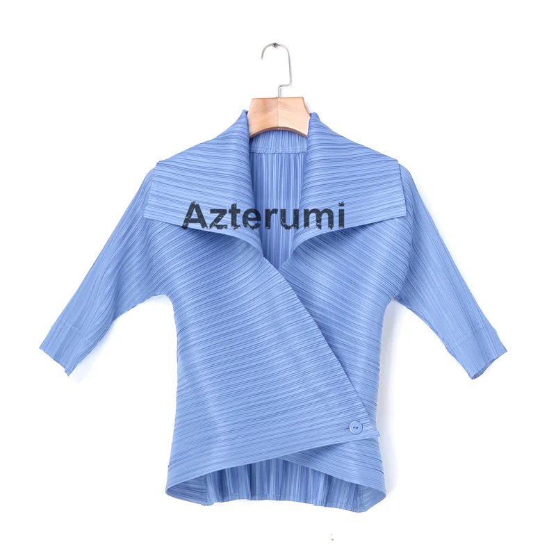 light blue Azterumi специальная плиссированная Женская куртка с отложным воротником Женская открытая стежка пальто с рукавом до локтя Белый Хаки Красный Черный Бежевый Топы - Цвет: light blue