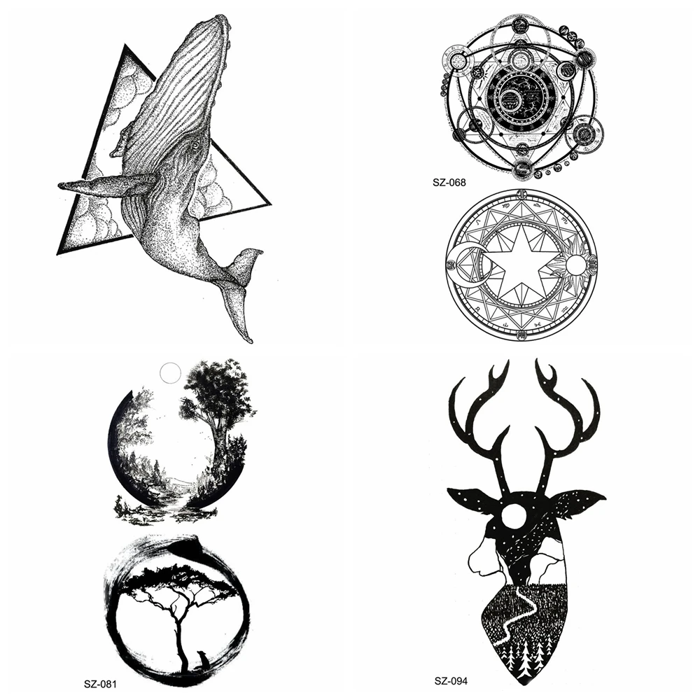 

Black Compass Temporary Tattoo Women Geometric Triangle Whale Tattoo Stickers Round Tree Men Arm Deer Antlers Fake Tatoo River