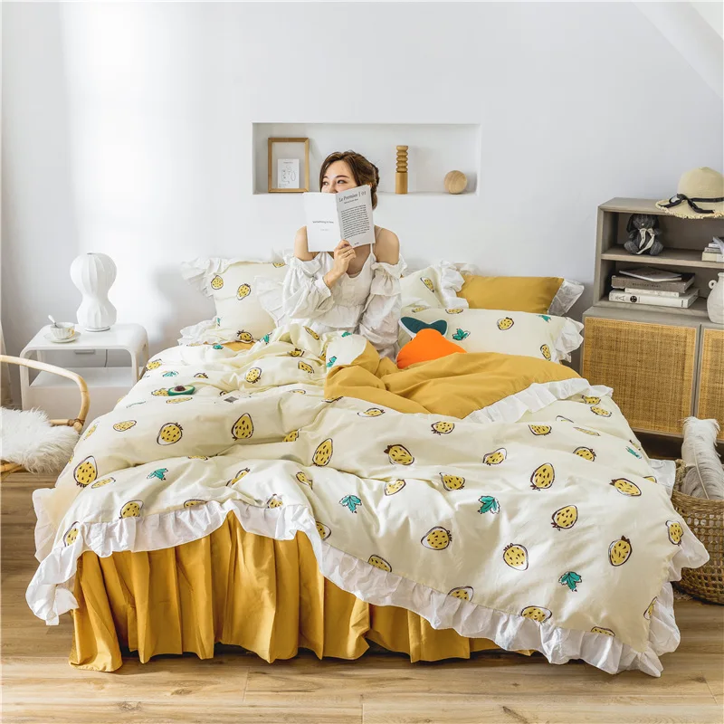 

13372 Чистый хлопок корейский стиль постельное белье пододеяльник плоский простынь постельный комплект фрукты ананас