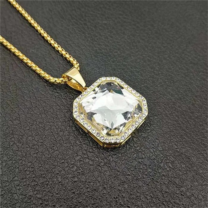 Clear Color Хип-хоп Iced Out проложенный горный хрусталь квадратный кулон с цепочкой из нержавеющей стали золотое ожерелье для женщин/мужчин ювелирные изделия дропшиппинг - Окраска металла: Clear Color
