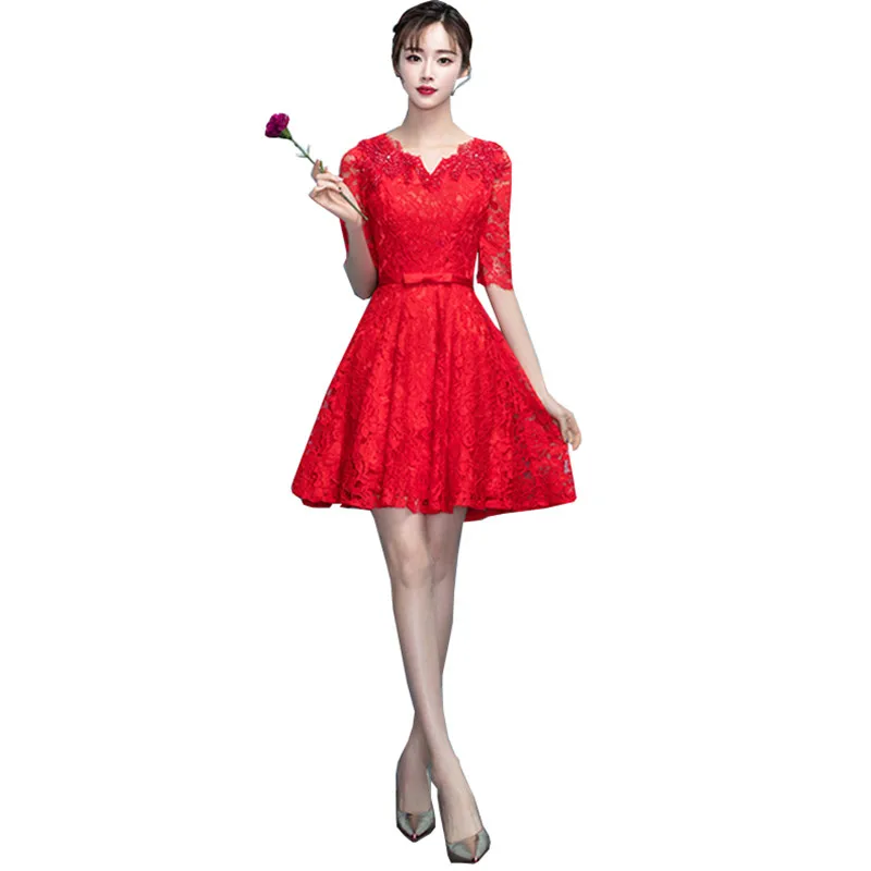 Кружева Короткие Вечерние Платья Красный Аппликация V образным Вырезом с