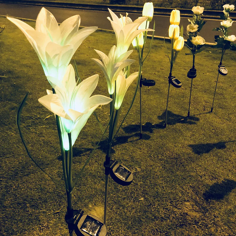 New High Quality Outdoor Solar Backyard Garden Stake Lights Powered 3 Lily Flower Drop Shipping | Лампы и освещение