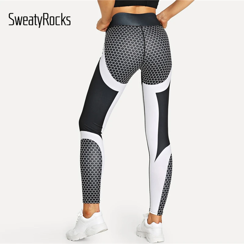 Обтягивающие леггинсы в горошек для фитнеса SweatyRocks, черные и белые женские штаны для тренировок, осенние повседневные Леггинсы