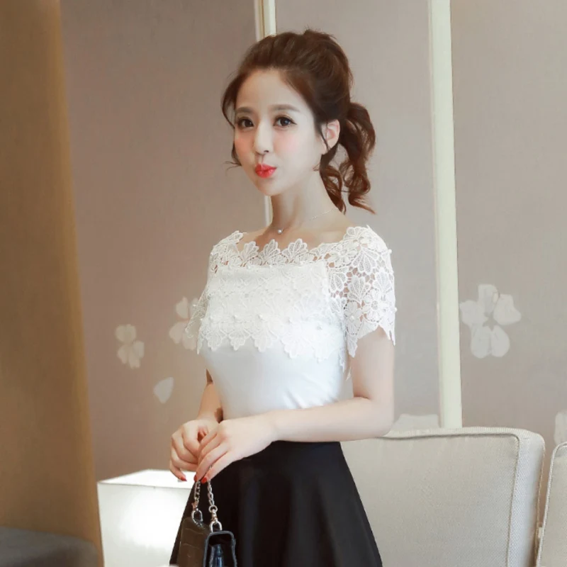 

New Sexy Fashion Summer Strapless Crossbody Collar Solid Color Lace Pearl short-sleeved Shirt women's Korean Shirt F2
