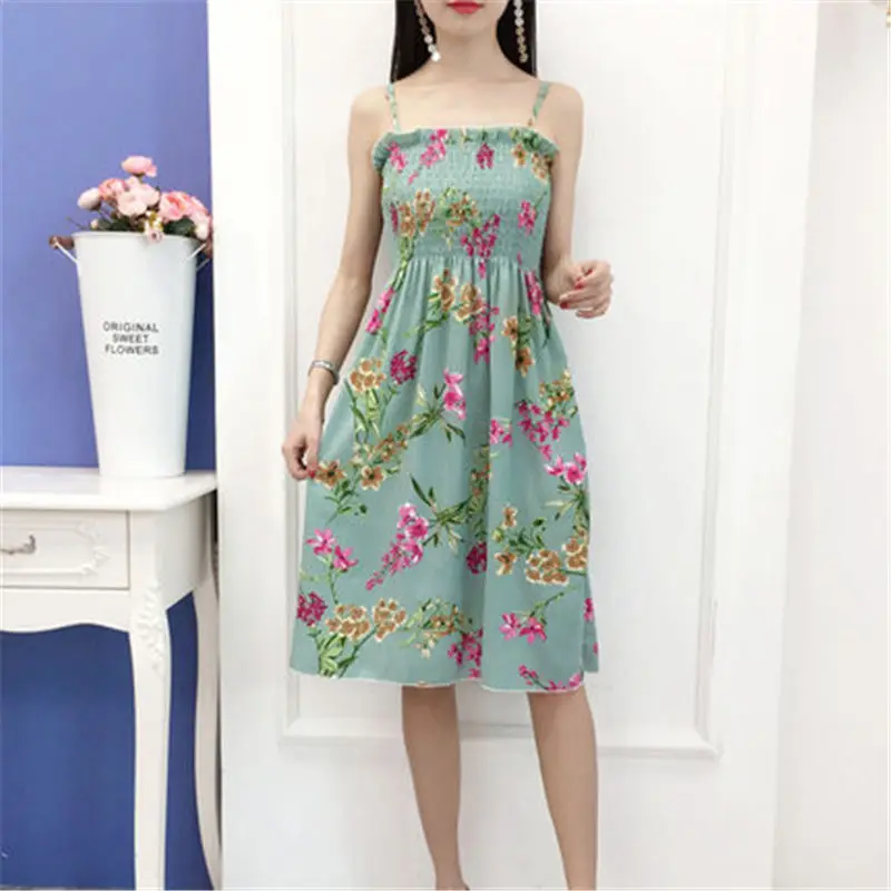 

2019 summer Korean version of sweet beauty floral small fresh tube top high waist word collar strap summer women's dress